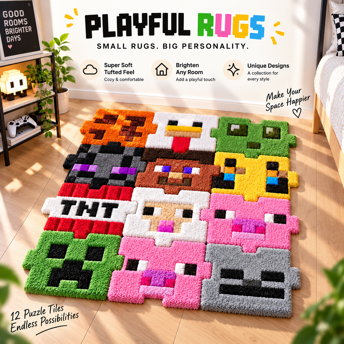 🎮 12-Piece Interlocking Pixel Tufted Rug Set – Build Your Own Gamer Room Floor