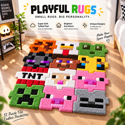 🎮 12-Piece Interlocking Pixel Tufted Rug Set – Build Your Own Gamer Room Floor