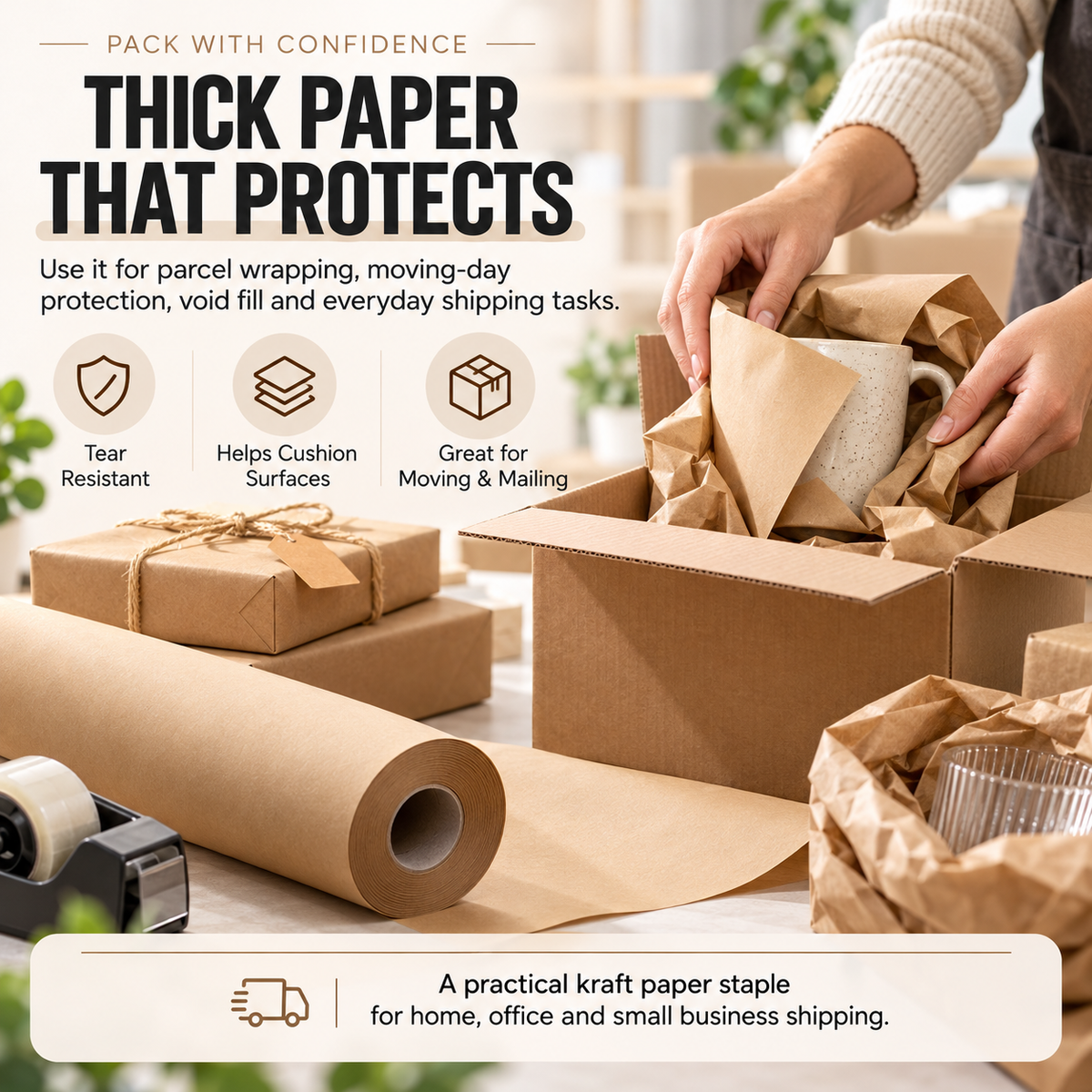 Brown kraft paper used for packing ceramic mugs in moving and shipping boxes