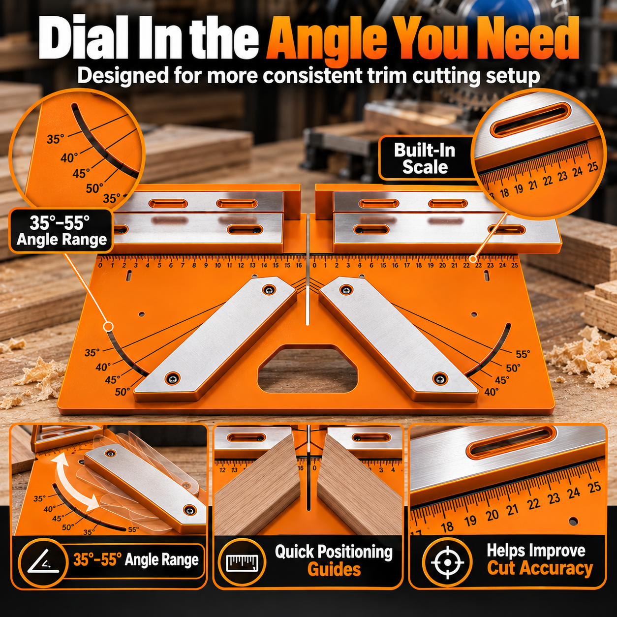 Close-up of the cutting jig's adjustable 35 to 55 degree angle guides and positioning scale