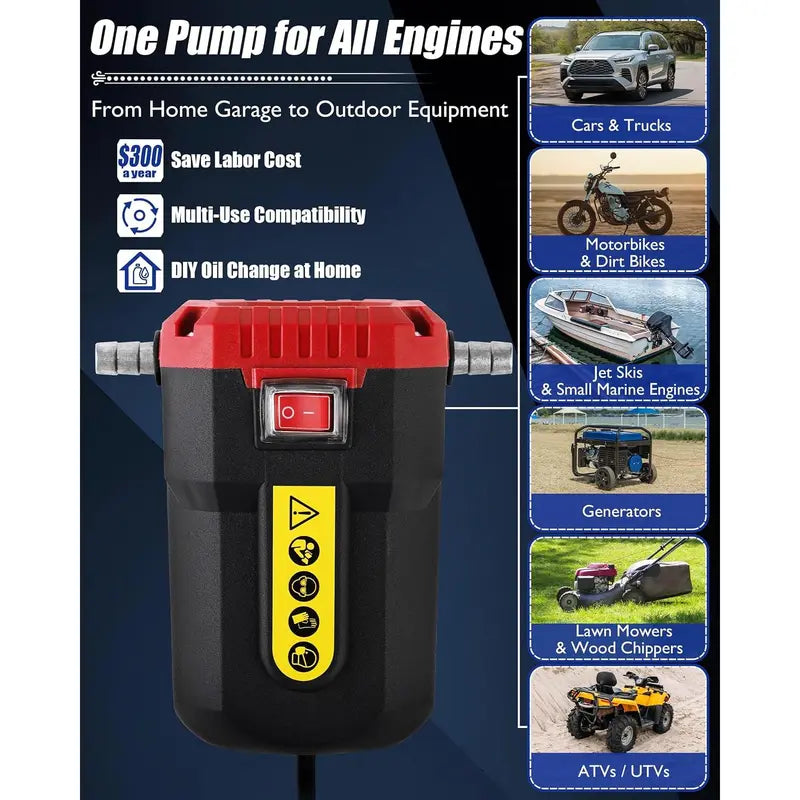 12V oil extractor pump for cars trucks motorcycles marine engines generators lawn equipment ATVs and UTVs