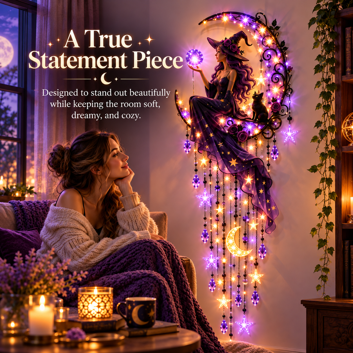 🔮✨ Enchanted Witch Moon Wall Hanging 🌙💜 Glowing Crystal Ball & Star Lights ⭐🐈‍⬛ Magical Gothic Wall Decor for Bedroom, Halloween & Cozy Home 🪄
