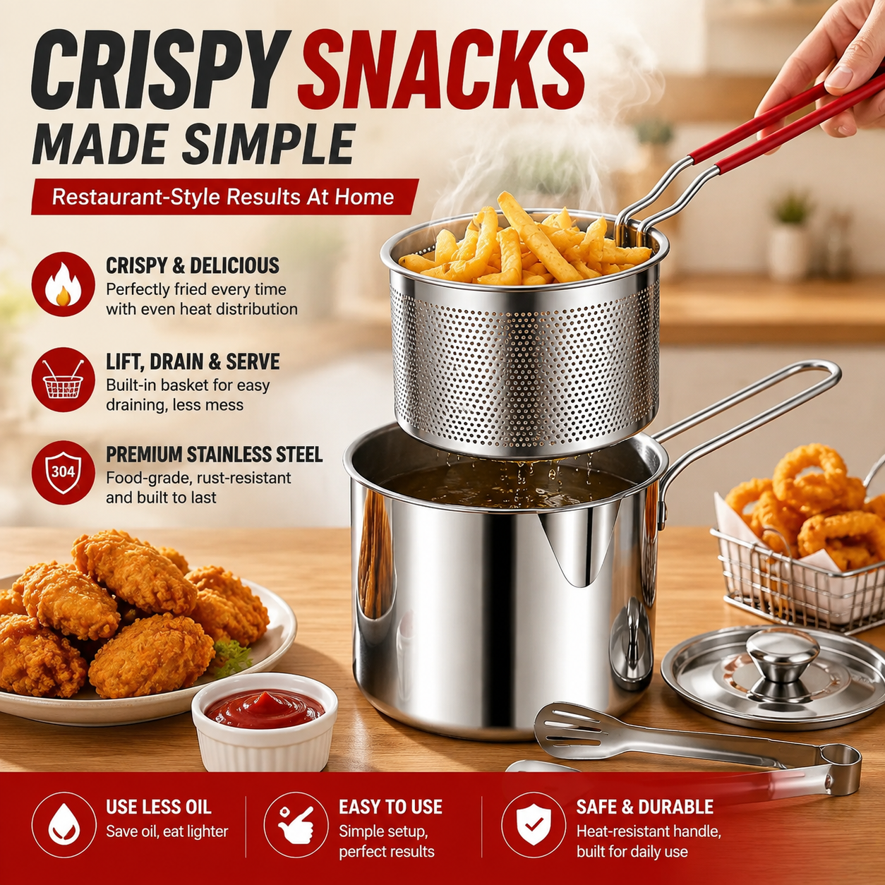 1 Set Stainless Steel Stock Fry Pot with Strainer Basket,Fry Pot with Basket and Lid for Frying Shrimp Chicken Fries