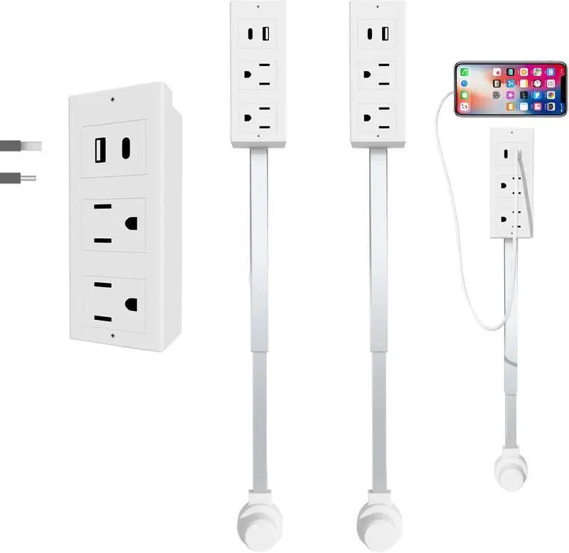 White rotating wall outlet extender with telescoping arm, AC receptacles, USB-A and USB-C connections