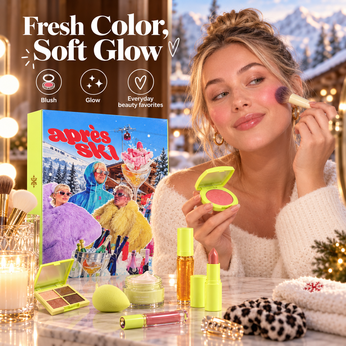 Woman applying blush from the beauty advent calendar for a soft glowing makeup look