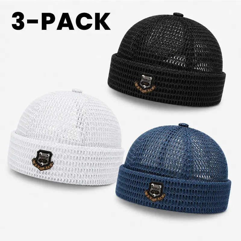 Three lightweight mesh knit beanies