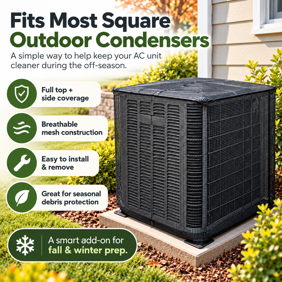 Mesh AC cover shown on a square outdoor condenser