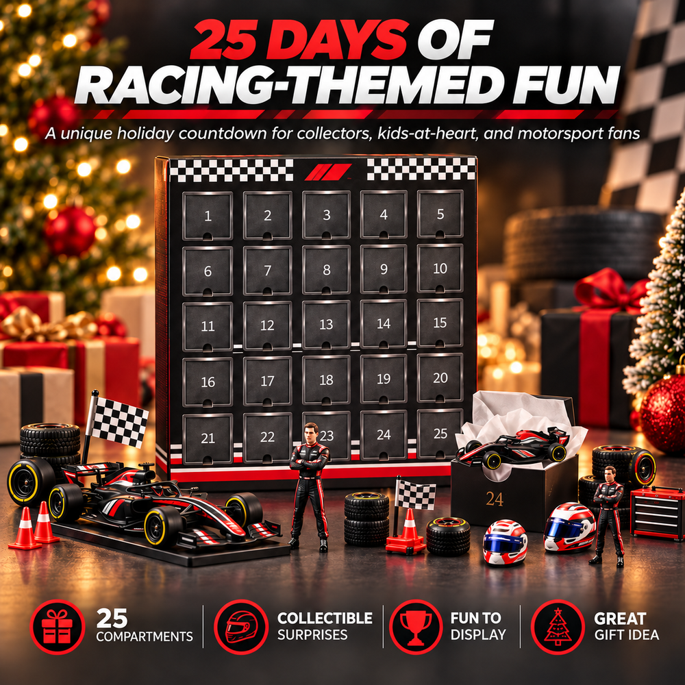 Black and red 25-day racing advent calendar with miniature open-wheel race car, driver figure, helmets and race accessories
