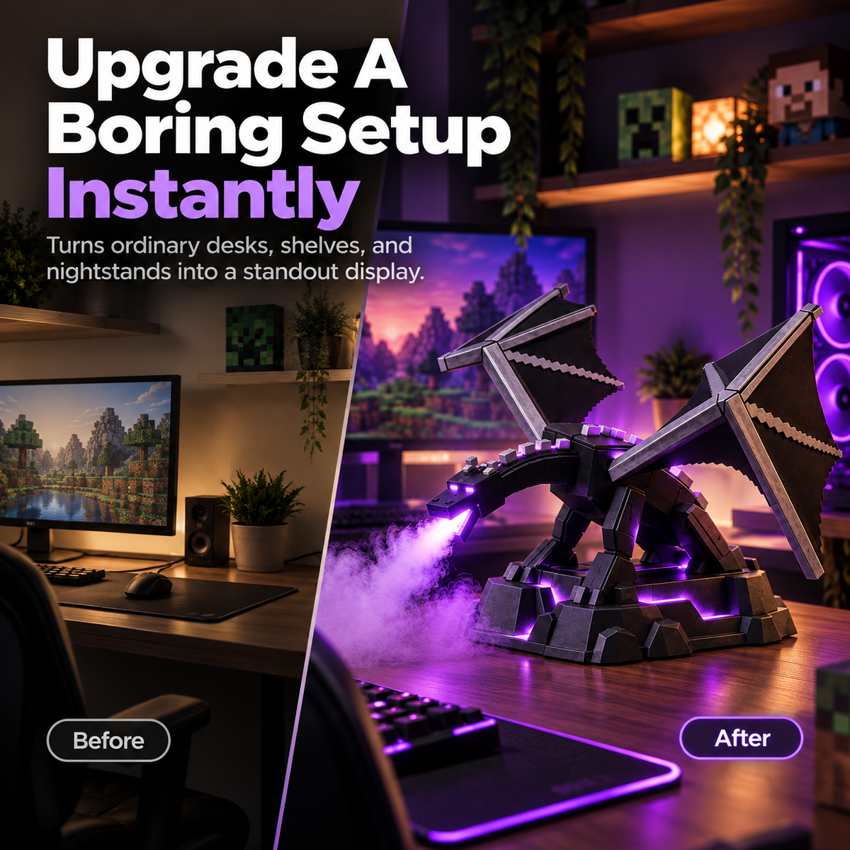 🐉💜 Epic Voxel Dragon Mist Diffuser – Purple LED Dragon Lamp, Remote-Controlled Cool Mist & Gaming Room Decor ✨🎮