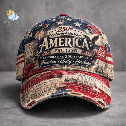 250th Anniversary Baseball Cap Distressed American Flag Print Sun Hat