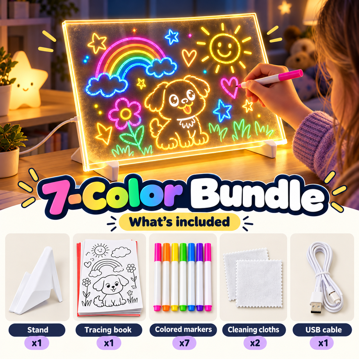 🌈✨ Magic LED Light-Up Drawing Board 🎨💡 Reusable Glow Art Kit for Kids 🖍️🌟 Colorful Doodle & Tracing Board 🎁🎄 Fun Creative Gift for Boys & Girls