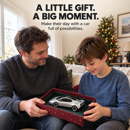 Silver car-and-robot toy gift presentation