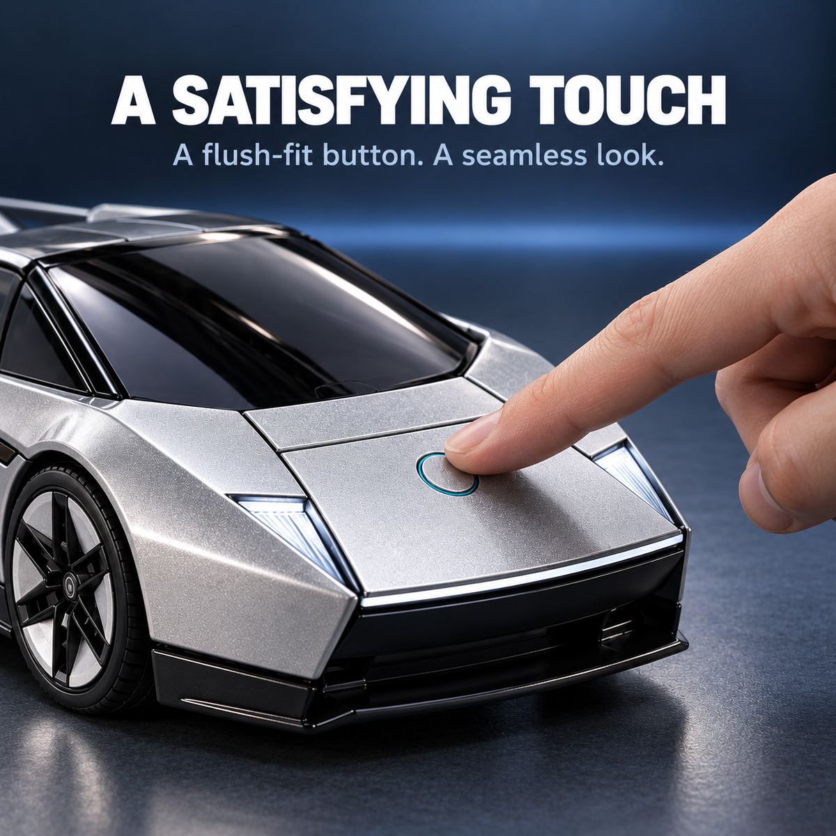 Close-up of a silver sports car and robot figure