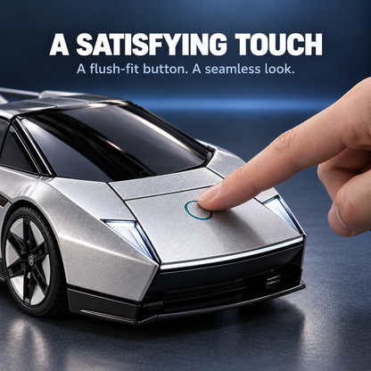 Close-up of a silver sports car and robot figure