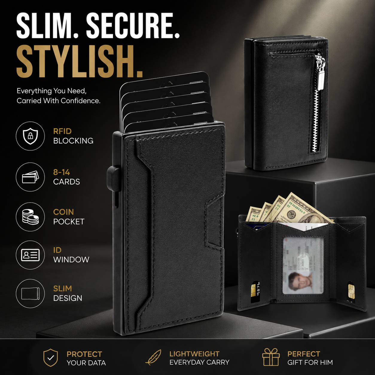 Men’s RFID Blocking Wallet | Slim Card Holder with Coin Pocket
