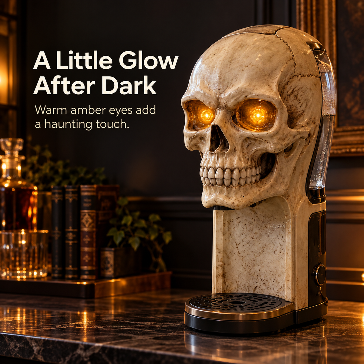 💀 Skull Coffee Corner Decor – Glowing Amber Eyes, Gothic Home Accent & Bold Statement Collectible 🖤✨
