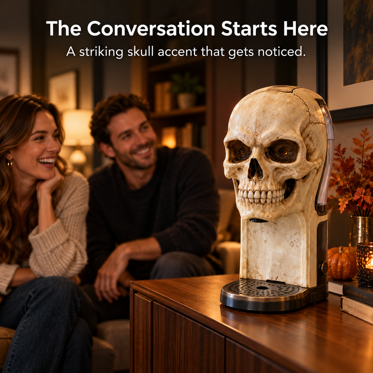 💀 Skull Coffee Corner Decor – Glowing Amber Eyes, Gothic Home Accent & Bold Statement Collectible 🖤✨