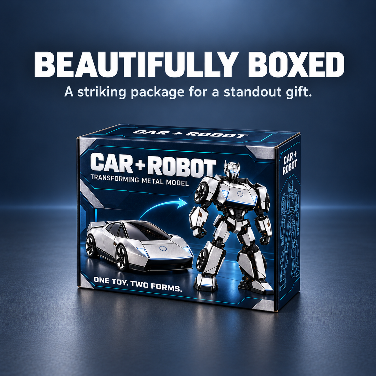Transforming car-to-robot figure presentation box