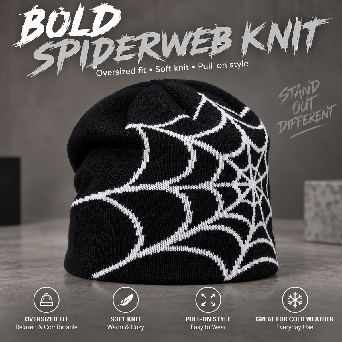 Oversized Spiderweb Knit Beanie – Bold Contrast Streetwear Winter Hat
