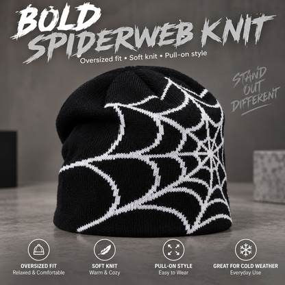 Oversized Spiderweb Knit Beanie – Bold Contrast Streetwear Winter Hat