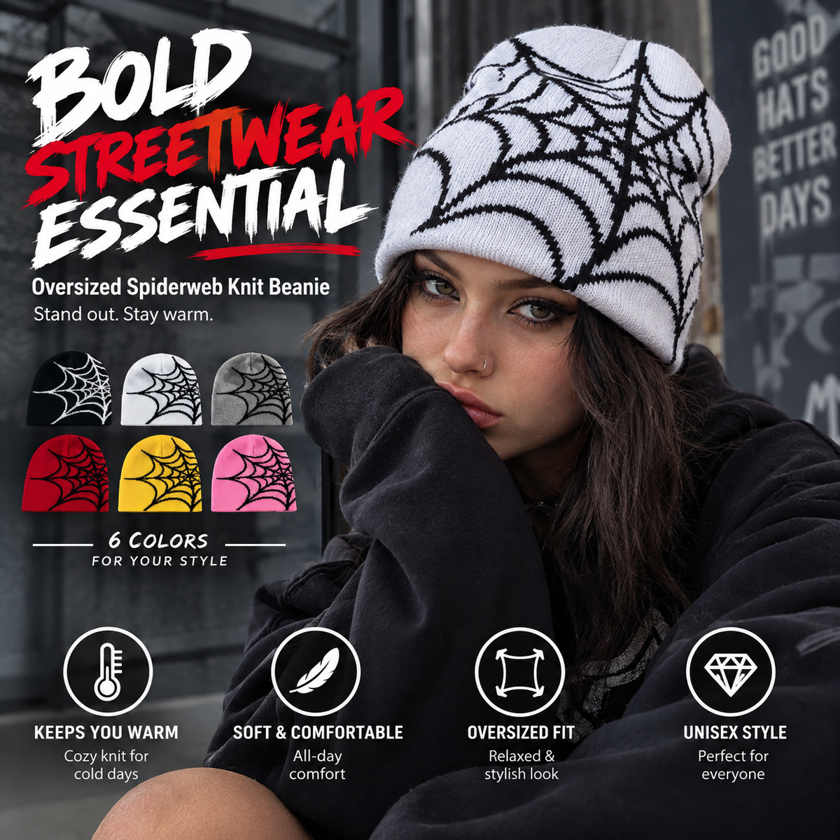 Oversized Spiderweb Knit Beanie – Bold Contrast Streetwear Winter Hat