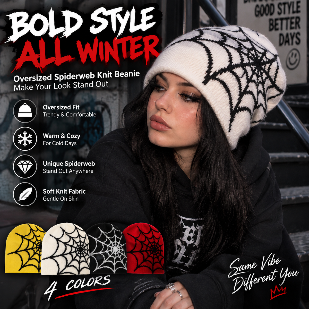 Oversized Spiderweb Knit Beanie – Bold Contrast Streetwear Winter Hat