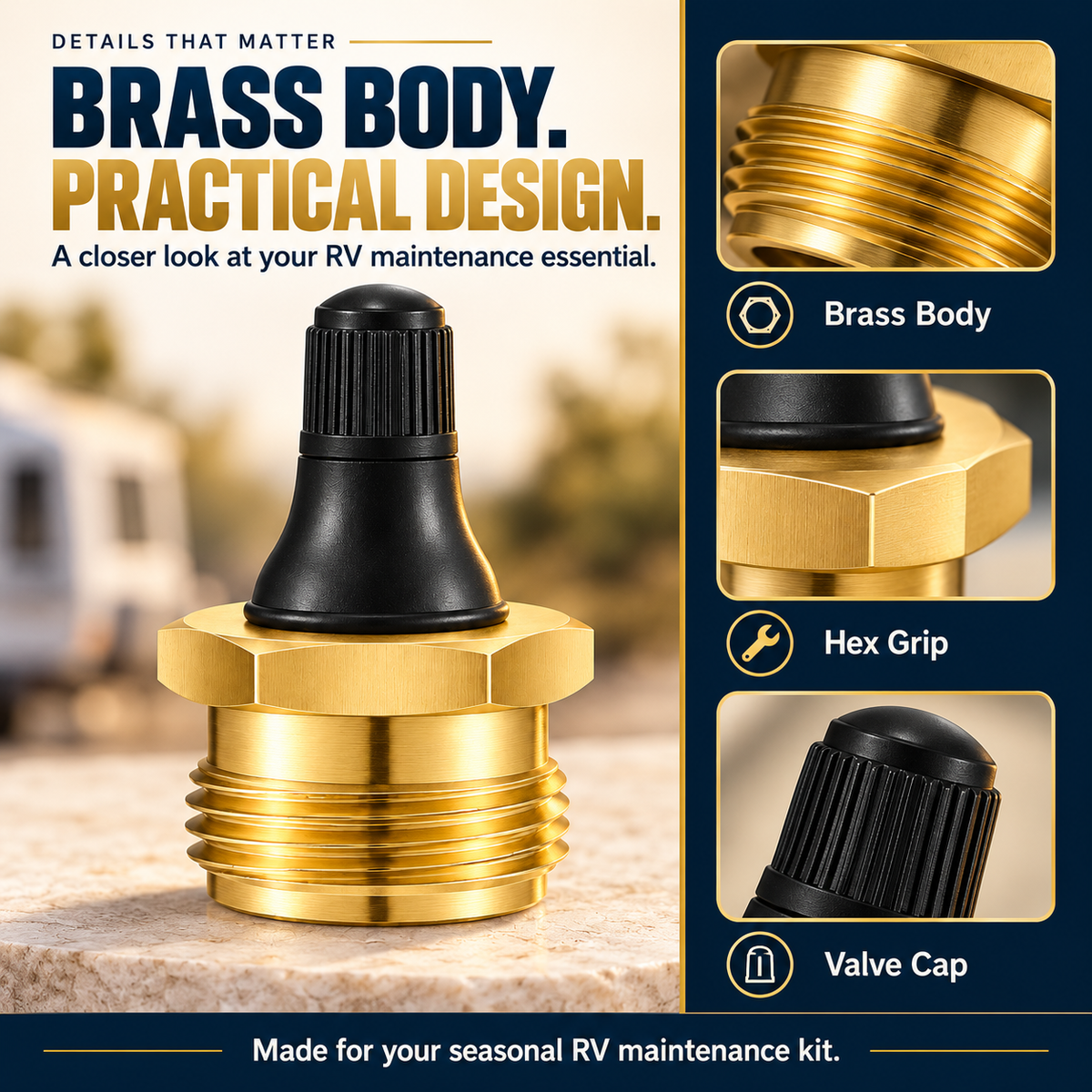 Close-up of the brass RV blow-out plug and hex-shaped body
