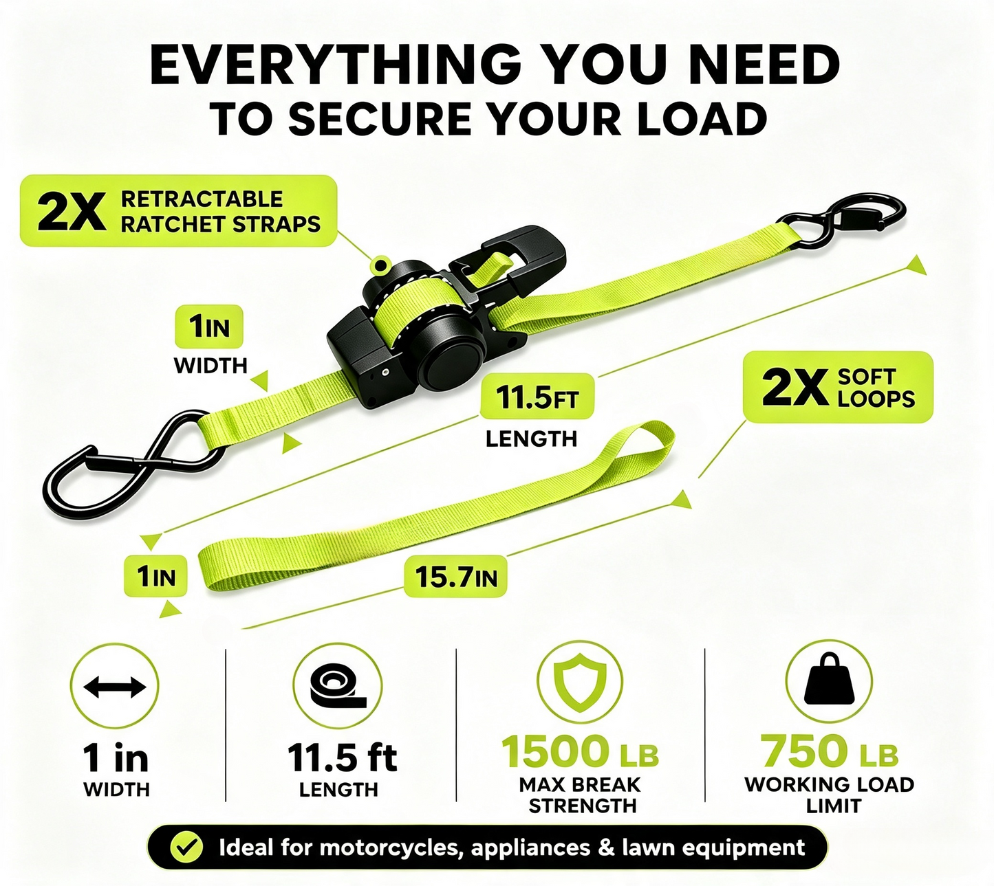 ⚡Green Ratchet Straps 11.5ft – 1500LB Hold for Moves & More
