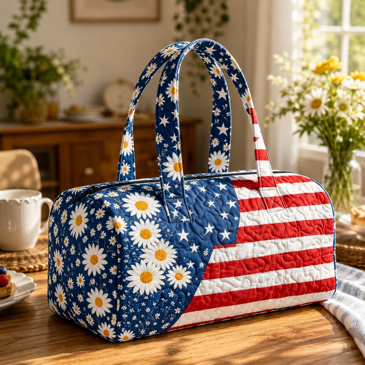 🔥Limited time 55% OFF 🇺🇸🧵 Handcrafted Patriotic Quilted Tote Bag – 3D Floral American Flag Travel Duffel
