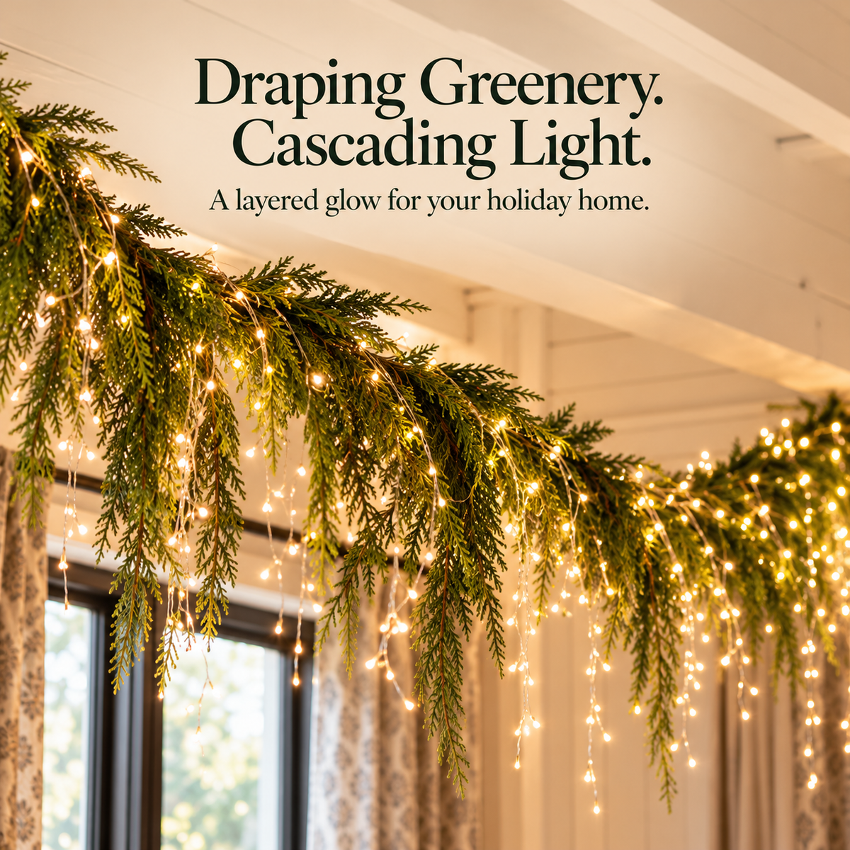 Cascading Christmas greenery with warm icicle lights