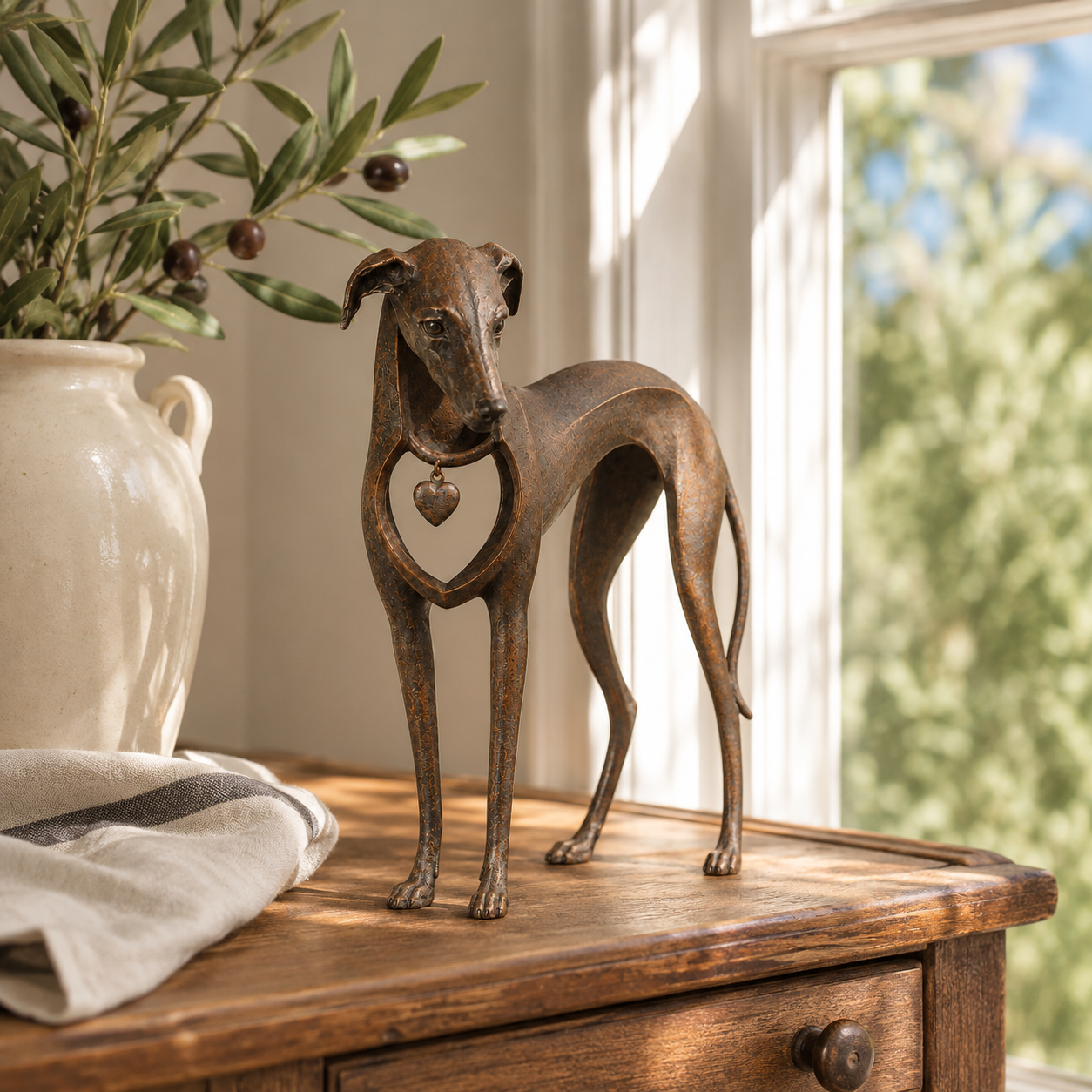 Vintage iron sighthound sculpture with heart charm