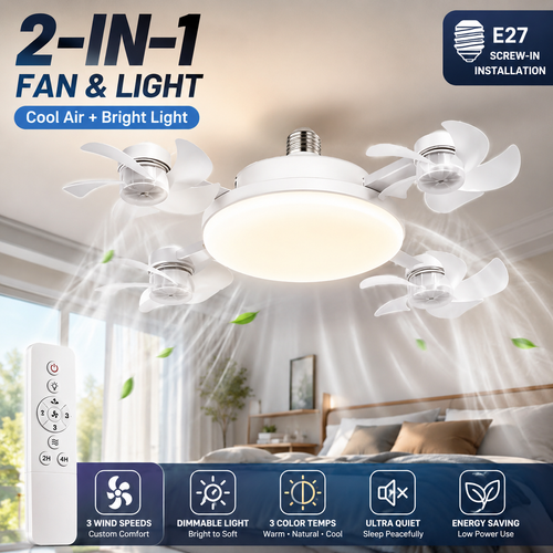 💡🌀2026 New E27 Socket Ceiling Fan Light - 2-in-1 Silent LED Fan with Remote Control, Energy-Saving Cooling & Lighting Combo for Home Bedroom