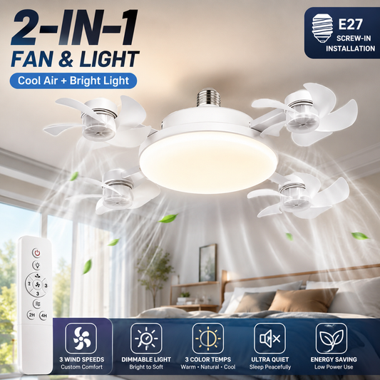 💡🌀2026 New E27 Socket Ceiling Fan Light - 2-in-1 Silent LED Fan with Remote Control, Energy-Saving Cooling & Lighting Combo for Home Bedroom