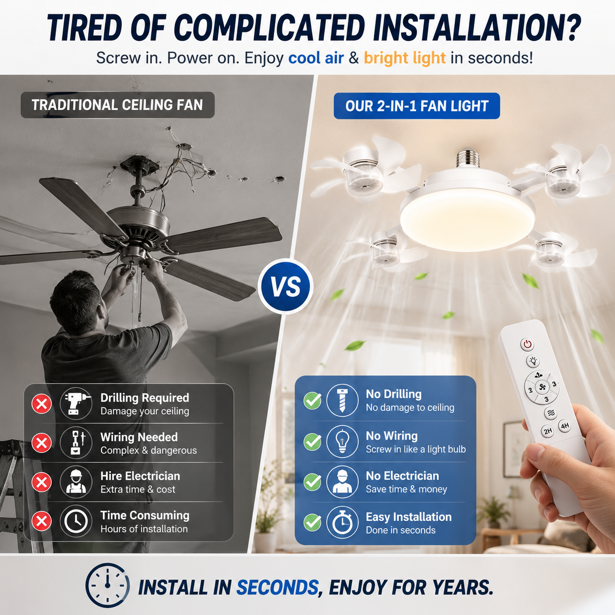 2-in-1 Screw-In Ceiling Fan Light – Remote Controlled LED Socket Fan