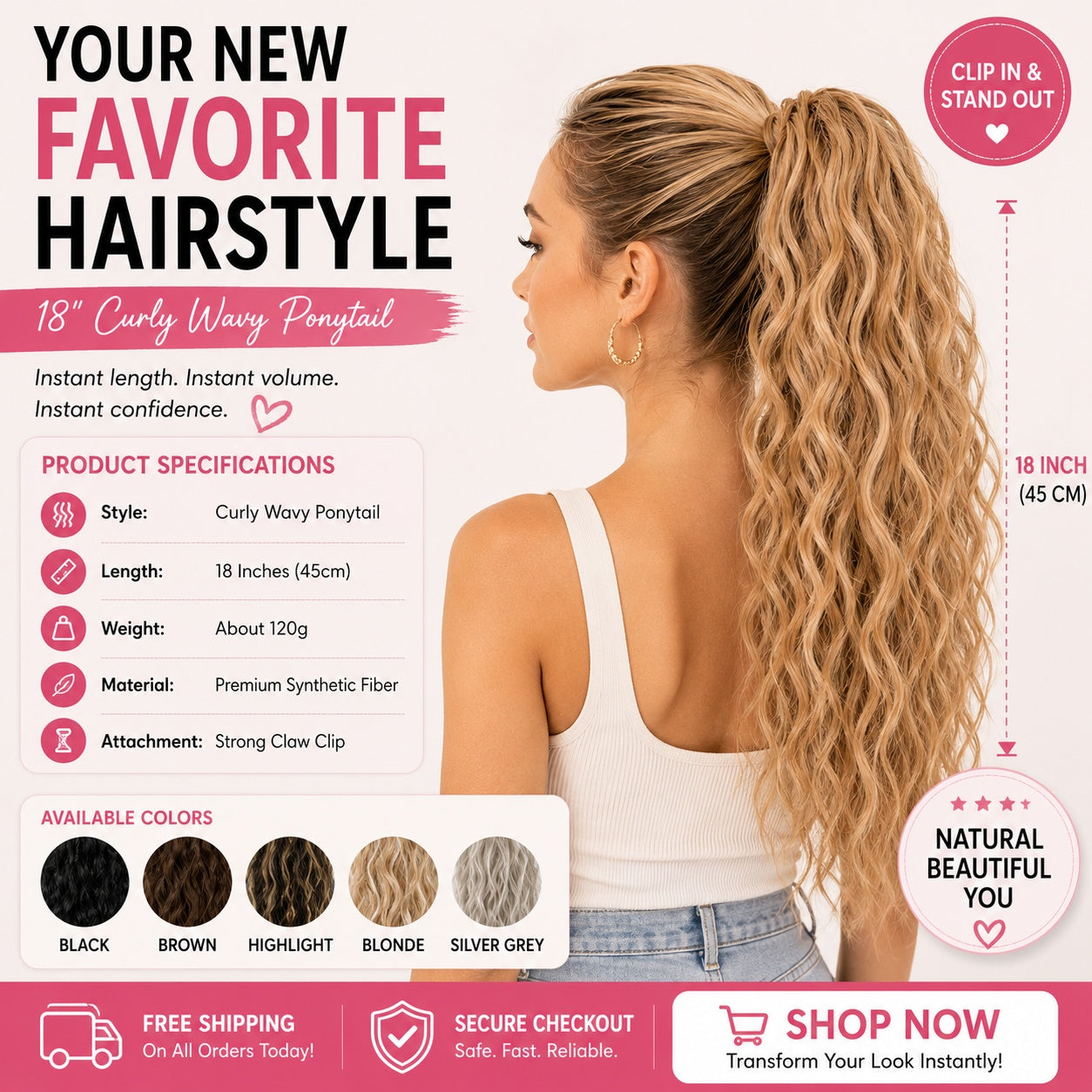 Instant Glam Curly Claw Clip Ponytail Extension|Add Gorgeous Volume & Length In Seconds