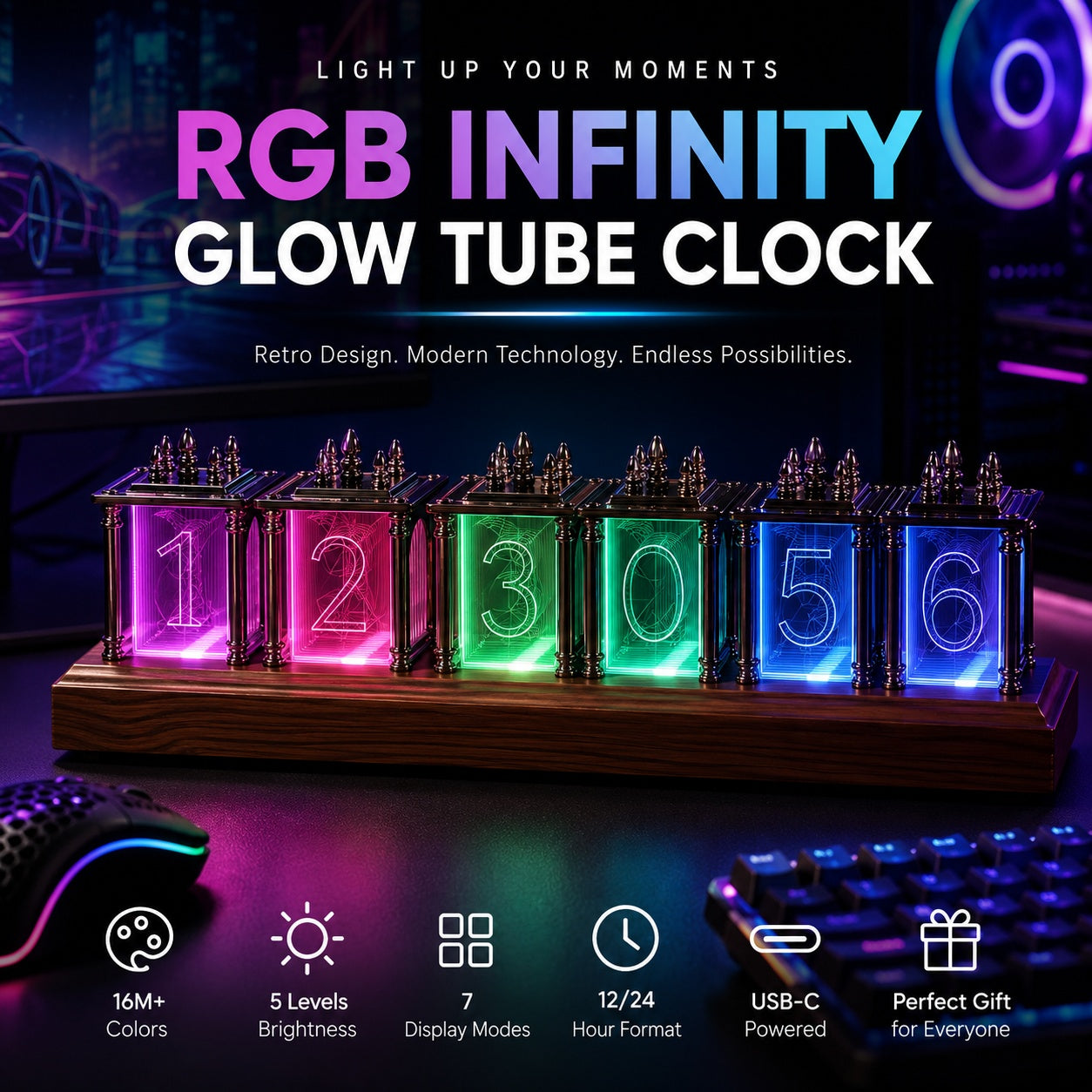 RGB Infinity Glow Tube Clock-A Retro-Futuristic Desk Clock That Brings Your Setup to Life.