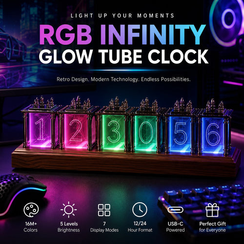 RGB Infinity Glow Tube Clock-A Retro-Futuristic Desk Clock That Brings Your Setup to Life.