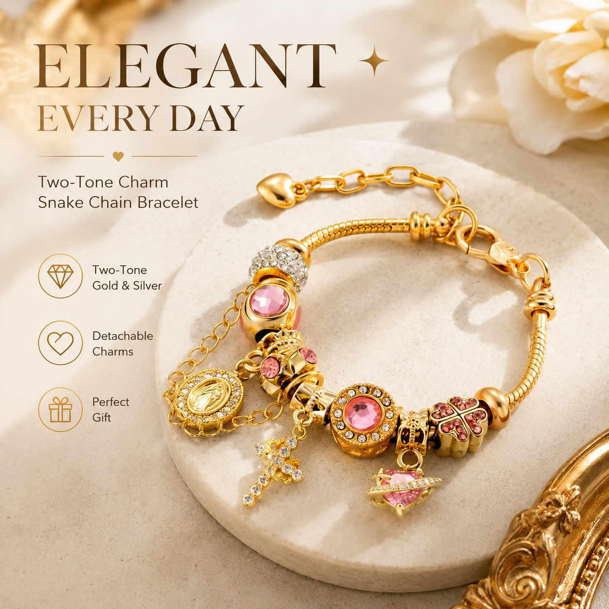 Aurora Two-Tone Detachable Charm Snake Chain Bracelet