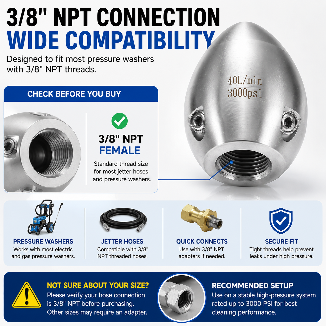 3/8” NPT Sewer Jetter Nozzle for Pressure Washer