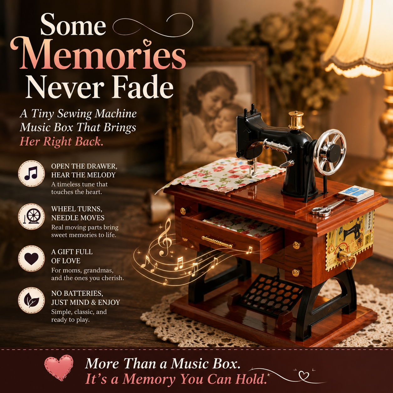 Vintage Mini Sewing Machine Music Box – Meaningful Keepsake for Mom & Grandma
