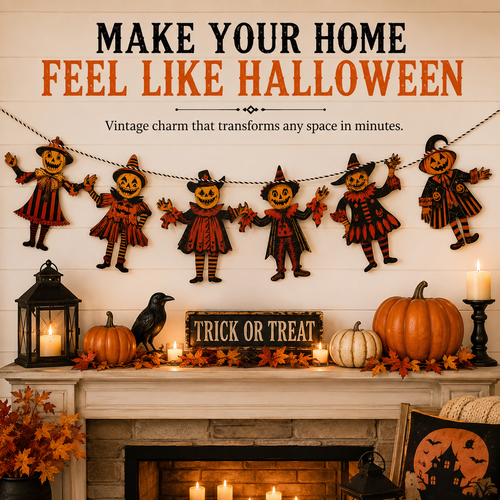 Vintage Wooden Halloween Pumpkin Character Garland -6 Piece Rustic Hanging Banner for Mantels, Walls, Porches & Parties