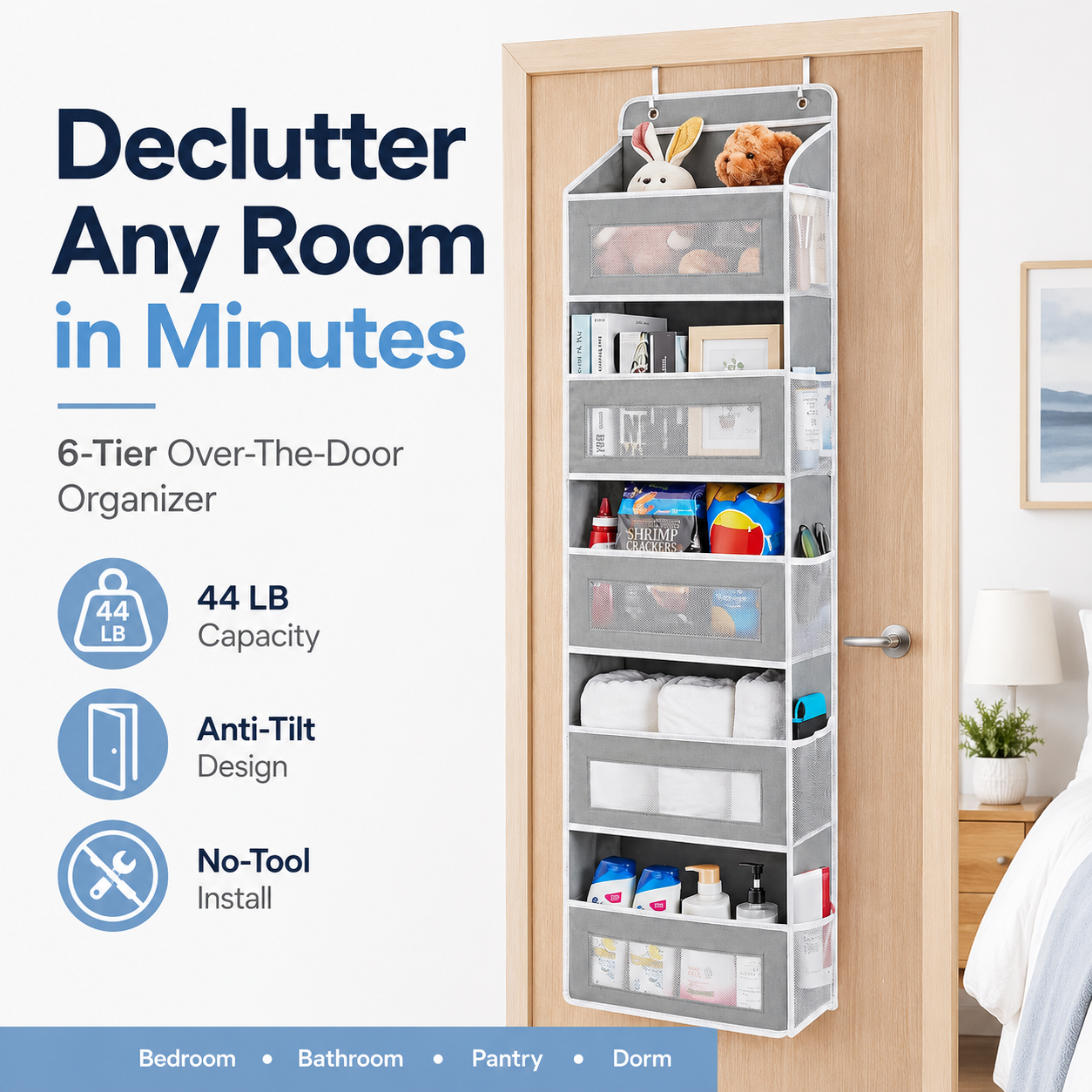 🚪 5-Tier Over Door Organizer – 5 Large Mesh Pockets, Anti-Tilt, 44 lb Capacity, Space Saver for Home
