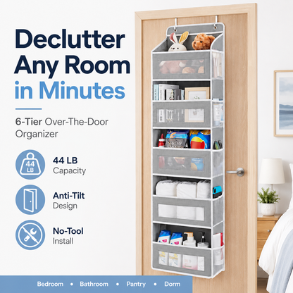 🚪 5-Tier Over Door Organizer – 5 Large Mesh Pockets, Anti-Tilt, 44 lb Capacity, Space Saver for Home