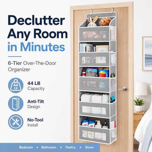 🚪 5-Tier Over Door Organizer – 5 Large Mesh Pockets, Anti-Tilt, 44 lb Capacity, Space Saver for Home