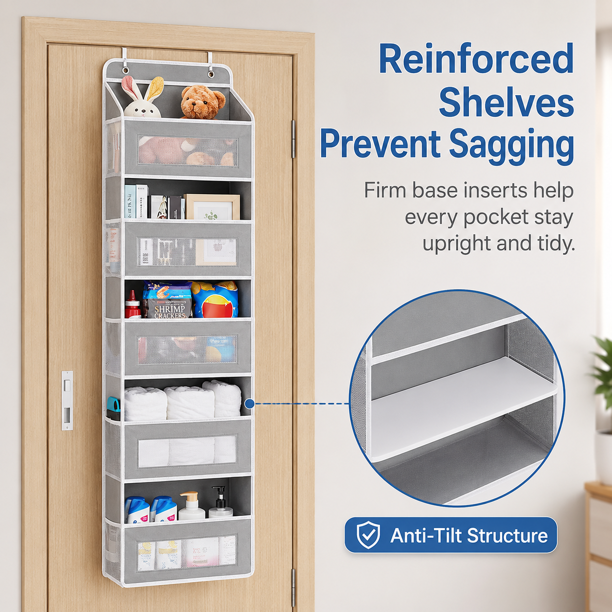 🚪 5-Tier Over Door Organizer – 5 Large Mesh Pockets, Anti-Tilt, 44 lb Capacity, Space Saver for Home