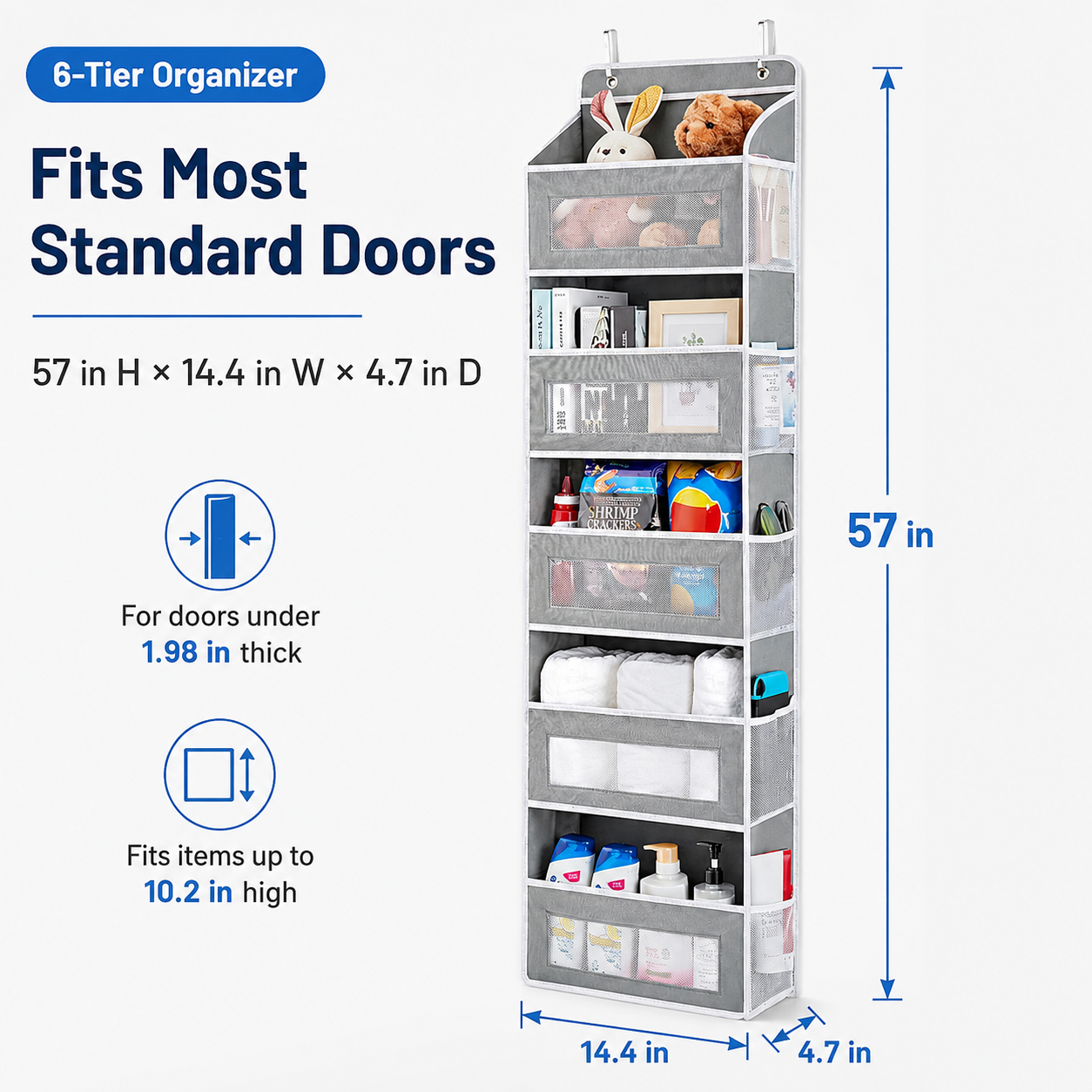 🚪 5-Tier Over Door Organizer – 5 Large Mesh Pockets, Anti-Tilt, 44 lb Capacity, Space Saver for Home