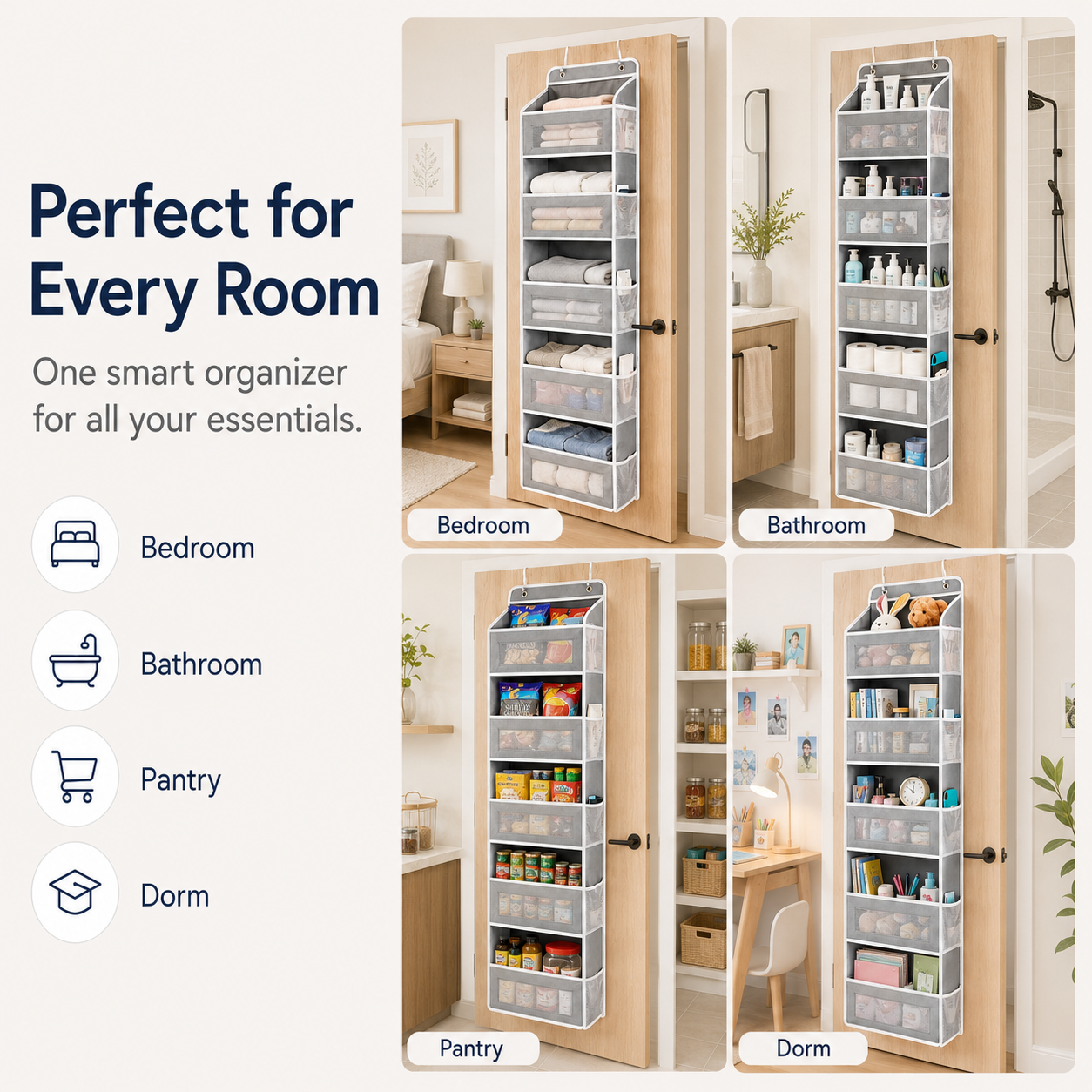 🚪 5-Tier Over Door Organizer – 5 Large Mesh Pockets, Anti-Tilt, 44 lb Capacity, Space Saver for Home
