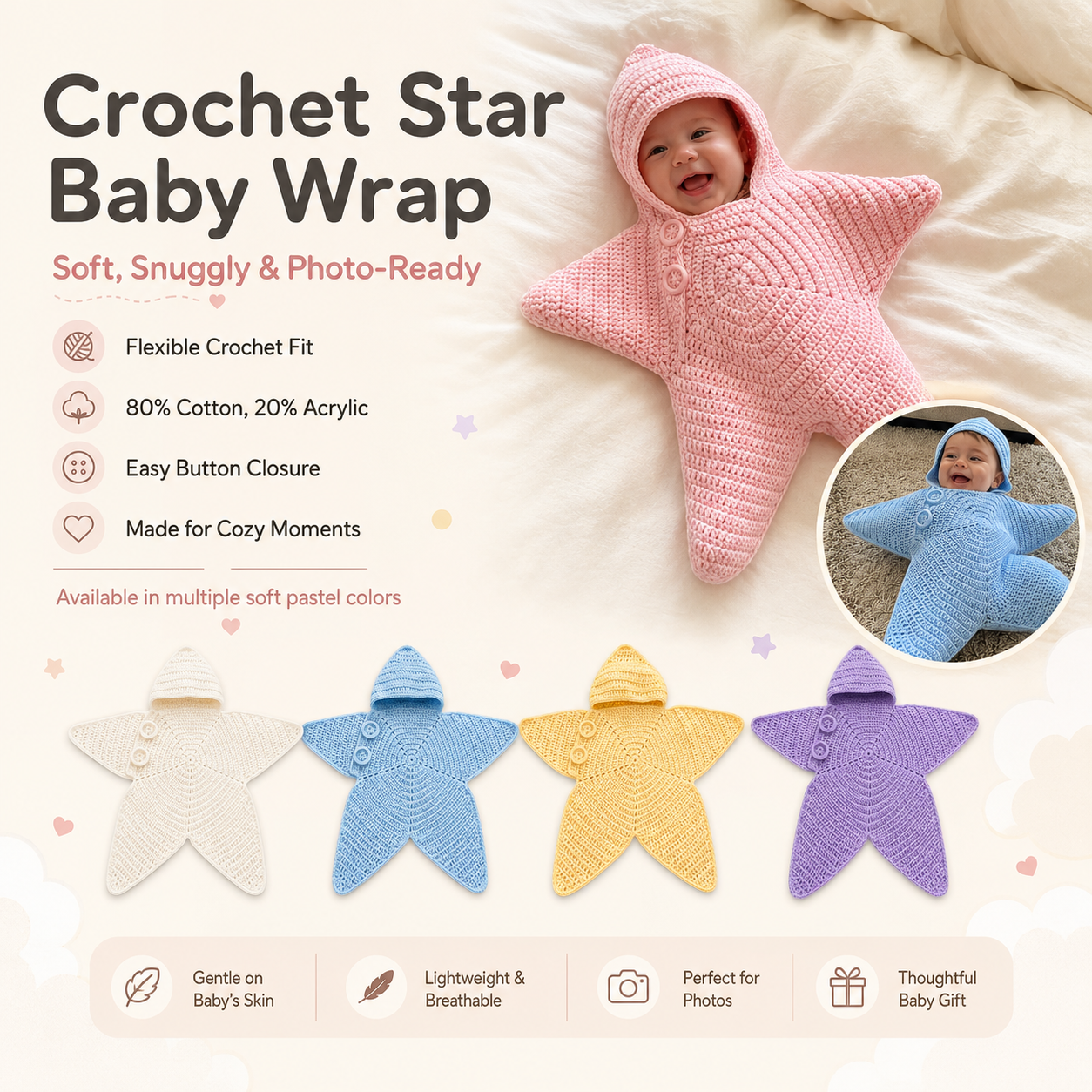 ✨Baby Starfish Knitted Romper - Adorable Hooded Photo Outfit