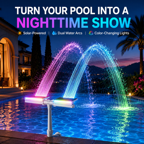 Solar Pool Fountain with RGB Lights – Dual Spray Remote-Controlled Fountain