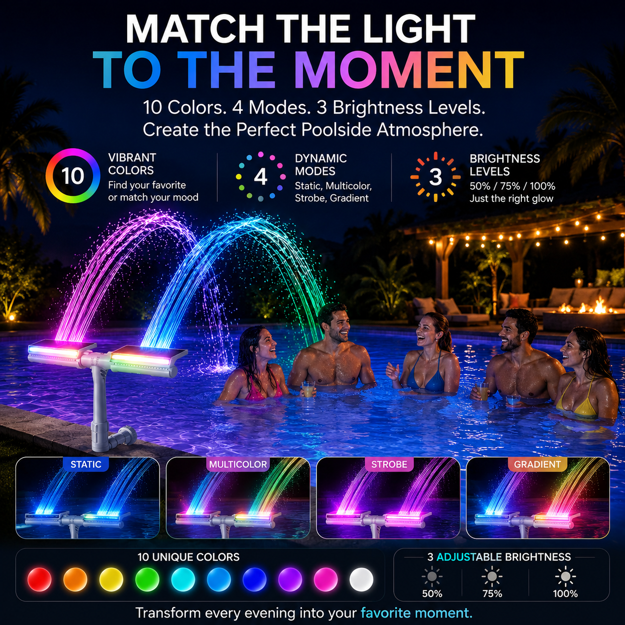 Solar Pool Fountain with RGB Lights – Dual Spray Remote-Controlled Fountain